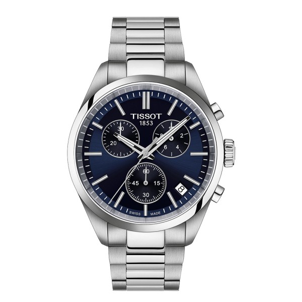 Tissot - Montre PR100 Chronograph bleu et bracelet en acier mailles grises  - Ref T1504171104100