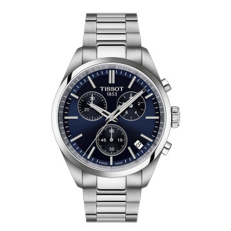 Tissot - Montre PR100 Chronograph bleu et bracelet en acier mailles grises  - Ref T1504171104100