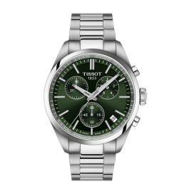 Tissot - Montre PR100 Chronograph vert et bracelet acier mailles grises - Ref T1504171109100