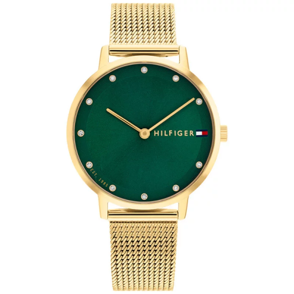 Tommy Hilfiger - Montre Pippa vert et bracelet mailles milanaises dorée  - Ref 1782668