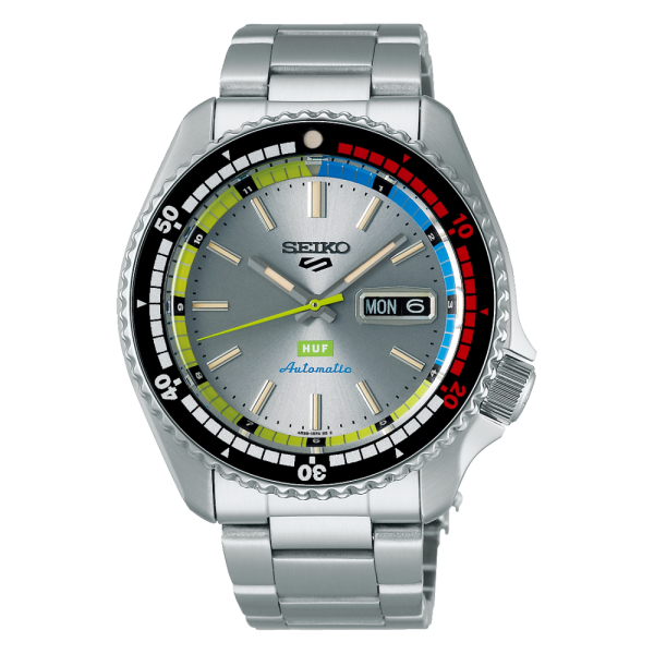 Montre Homme Seiko - 5 Sports x HUF gris bracelet acier - Ref SRPL33K1