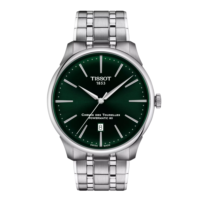 Montre Homme Tissot Chemin des Tourelles automatique vert bracelet acier - Réf. T1394071109100