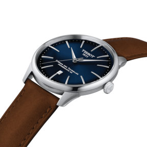 Montre Homme Tissot Chemin des Tourelles automatique bleu bracelet cuir brun - Réf. T1394071604100