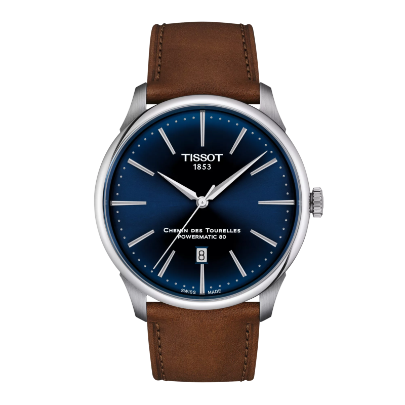 Montre Homme Tissot Chemin des Tourelles automatique bleu bracelet cuir brun - Réf. T1394071604100