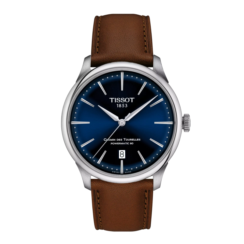 Montre Homme Tissot Chemin des Tourelles automatique bleu bracelet cuir brun - Réf. T1398071604100